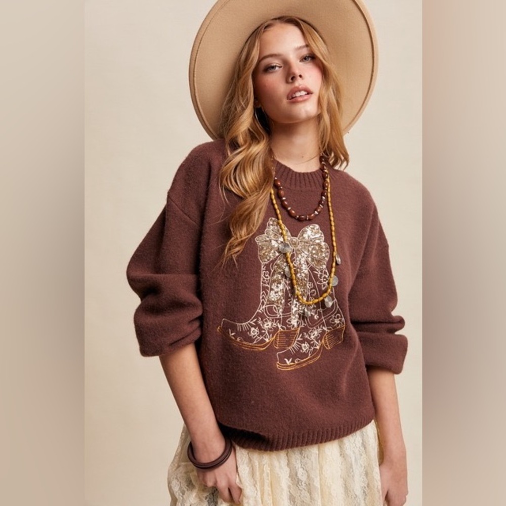 Sequin Bow Western Cowboy Boots Embroidered Sweater - Listicle